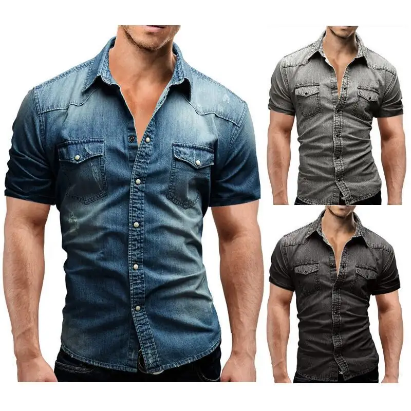 Chemises à manches courtes pour hommes, nouveau, Denim, coton fin et doux, avec poches, été,