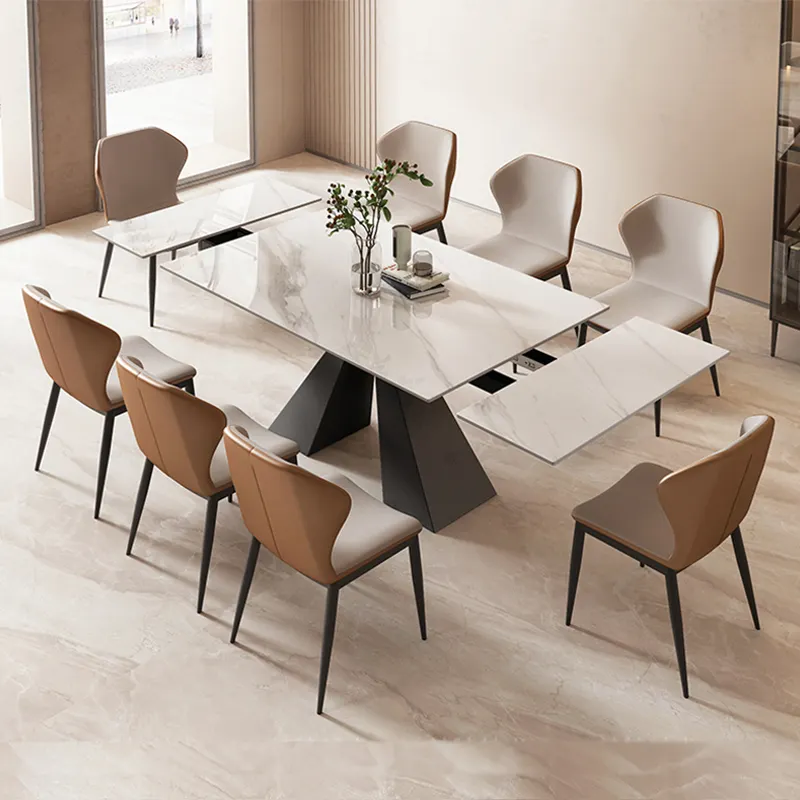 Mesa de jantar extensível de fábrica de móveis Guangdong Mesa de jantar moderna de pedra luxuosa para 6 8 cadeiras conjunto de pinho reciclado