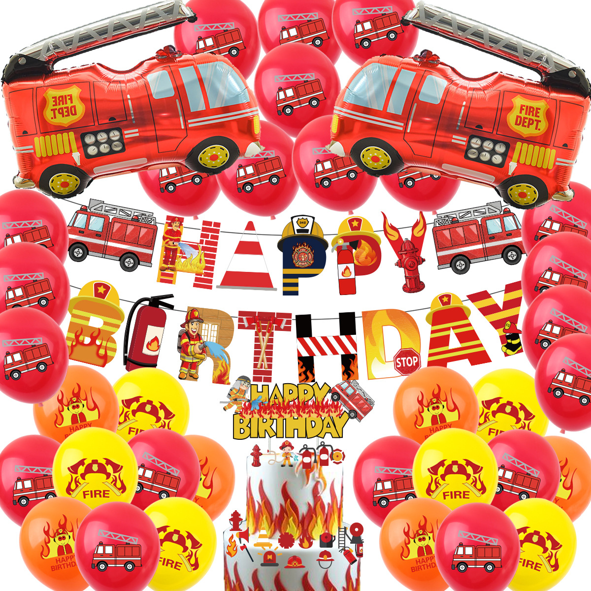 Decorazioni Per Festa Pompieri – Banner Compleanno Camion Dei Pompieri + 8 Turbinii Da Appendere Con Idranti Ed Estintori