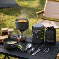 Ensemble de cuisine de camping en aluminium anodisé rigide OEM personnalisé pour 1-2 personnes avec réchaud à gaz, couverts pliables, pot et bol pour la randonnée et les pique-niques