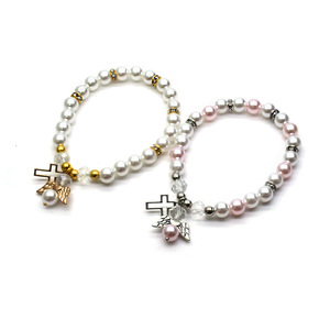 Pulsera de Perlas Blancas con Cruz de Ángel, 8mm, Joyería Religiosa Rosa y Blanca, Regalo, Accesorio para Bautizo - Product Image 5