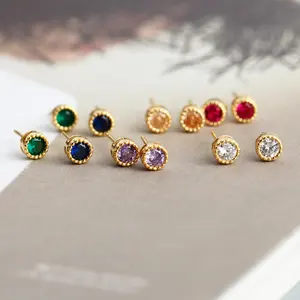 Wholesale 5mm Colourful Zircon Round Silver Stud Earrings Gold Plated Minimalist Personality 925 Sterling Silver Earrings