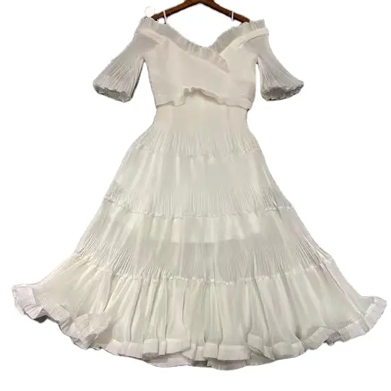 2023 spring new arrivals fashion elegant pleated long dress medium sleeve ruffled slip dress for women