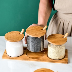 3er Pack Gewürz behälter mit Bambus deckel und Holz tablett Bambus löffel für Gewürz behälter Glas Gewürz glas <span class=keywords><strong>Set</strong></span> - Product Image 2