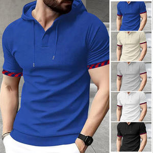 Polo à capuche pour hommes, manches courtes, respirant, tricot gaufré, couleur unie, vêtements décontractés pour les loisirs, blanc, bleu, gris, noir, beige - Product Image 5