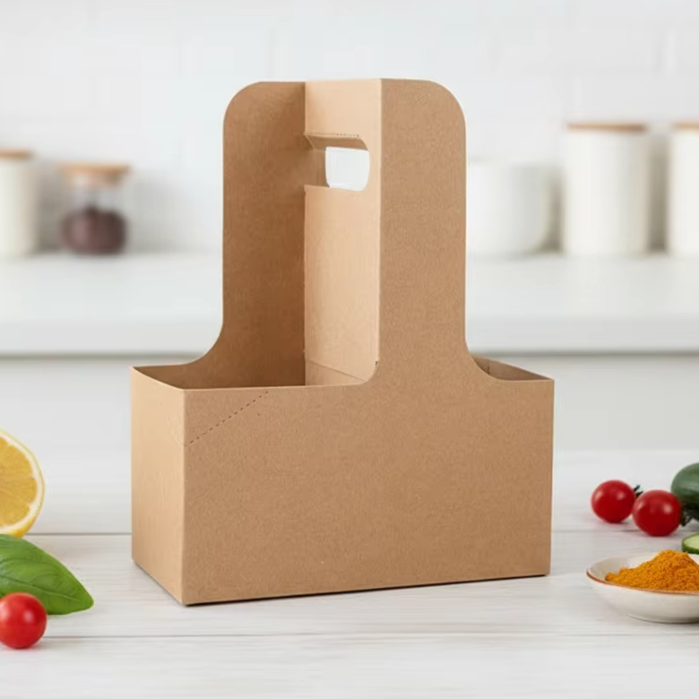 Disposable Recyclable Kraft Paper Paperboard Food Safe Takeout Hand Held Cup Holder Packaging Box for Coffee Milk Tea Beverage
