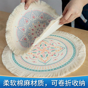 แผ่นรองจานพิมพ์ลายสไตล์โบโฮทรงกลมพร้อมพู่ห้อย ซักล้างได้ ของตกแต่งบ้าน ชุดแผ่นรองจานและที่รองแก้ว - Product Image 3