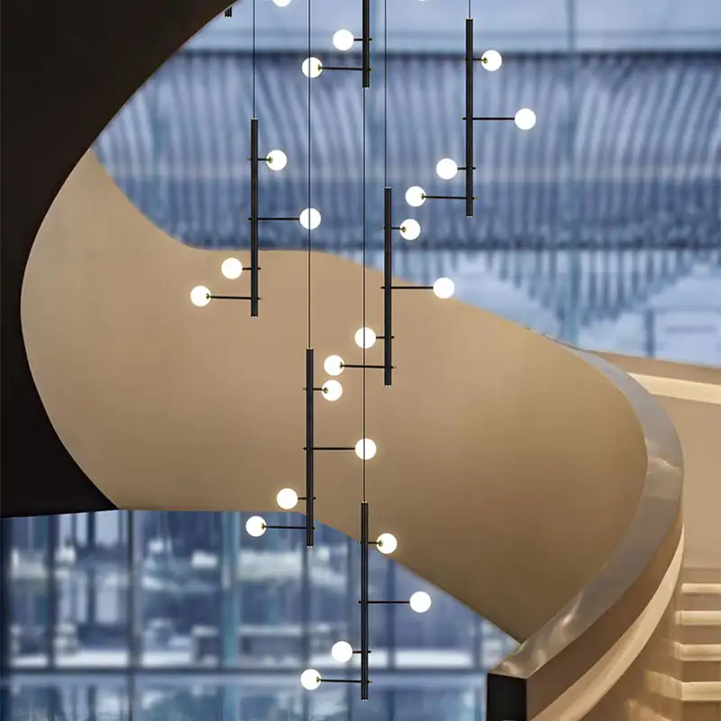 Estilo moderno Escadaria Decorativa Comercial Personalizado Projeto Luxo Led Lustre longa gota escada bola múltipla Luz