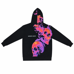 <span class=keywords><strong>Felpa</strong></span> con Cappuccio Oversize Nera da Uomo con Grafica Tripla Teschio e Fiamma, Stampa Gateway Rosa Viola Arancione, Tasca a Canguro, Stile Streetwear - Product Image 1