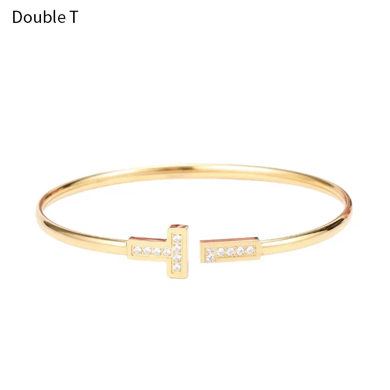 Fashion Famous Luxury Brand Designer Bangle Double T Bracelet with Crystal Gold Plated Open Cuff bracelets For Women