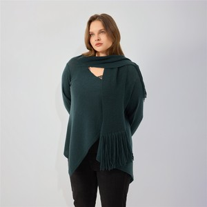 Suéter Feminino de Tricô com Gola de Cachecol, Franjas e Bainha Assimétrica Solta, Aberto na Frente, Tamanhos Grandes para Outono Inverno - Product Image 5