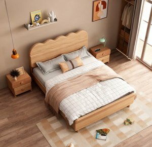 Hiện đại lượn sóng headboard Thiết kế rắn gỗ lưu trữ giường cho trẻ em của phòng ngủ với thân thiện với sinh thái gỗ lớp phủ sáp - Product Image 1