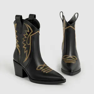 Winter Plus-Size Damesschoenen Pu Leren Ruiter Laarzen Kleur Auto Stiksels Tribal Totem Dames Western Cowboy Laarzen