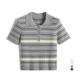 Dalang T-shirt d'été à revers en soie de glace pour femmes, tricoté à manches courtes coupe ample avec col <span class=keywords><strong>polo</strong></span> décontracté Sty - Product Image 3