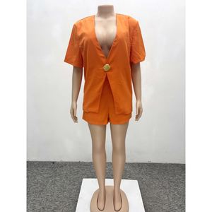 Conjunto de 2 Piezas para Mujer, Camisa de Manga Corta de Color Puro Africano y Pantalones Cortos de Cintura Alta, a la Moda - Product Image 5