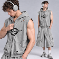 Hoodie sans manches zippé pour homme, personnalisé, effet délavé, déchiré, imprimé graphique, coupe oversize, marque privée