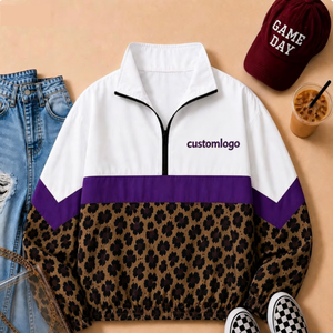 Wholesale Vintage Team Logo 1/4 Zip <strong>Windbreaker</strong> Checkered Leopard Print Long Sleeve Quarter Zip Jacket Embroidered Pullover - Product Image 1