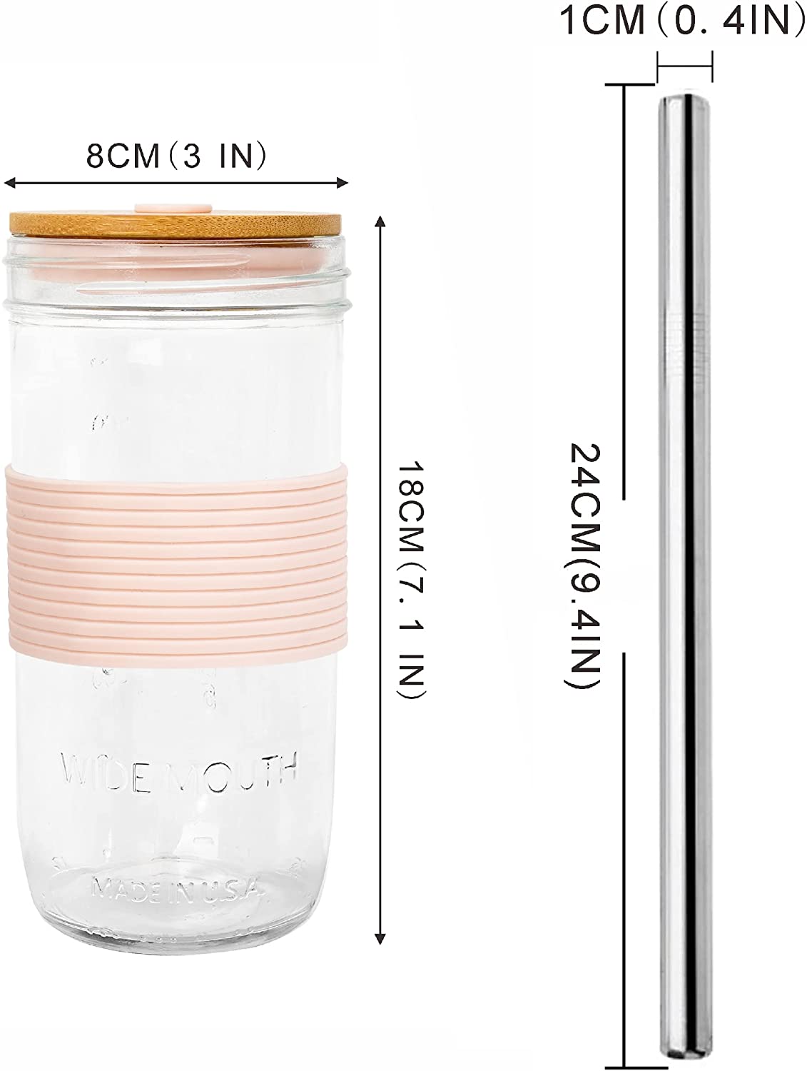 Mason Jar with Lid and Straw, 24oz Wide Mouth Mason Jar Drinking Glasses Tumbler with Bamboo Lid and Silicone Sleeve