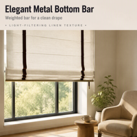 Store romain de luxe en lin avec barre inférieure en métal laiton brossé, filtrant la lumière, sur mesure, pour la décoration de fenêtre