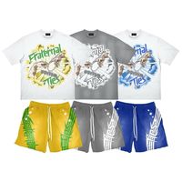 Set Kaos Pria Bermotif Acid Wash dan Celana Pendek Berhias Berlian Imitasi, Bahan Katun Sedang, 2 Potong, Dapat Disesuaikan, Setelan Olahraga Unisex