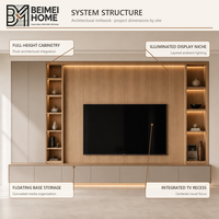 Meuble TV en bois massif Japandi sur mesure, console multimédia en chêne recyclé à profil bas avec étagère pour enceintes acoustiques