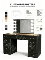 Coiffeuse et commode de luxe moderne en panneaux de bois, finition noire brillante, quincaillerie dorée, éclairage LED, rangement, miroir amovible pour chambre à coucher