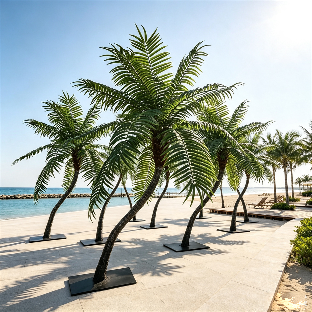 Palmera de coco artificial inclinada, hoja verde tropical brillante
