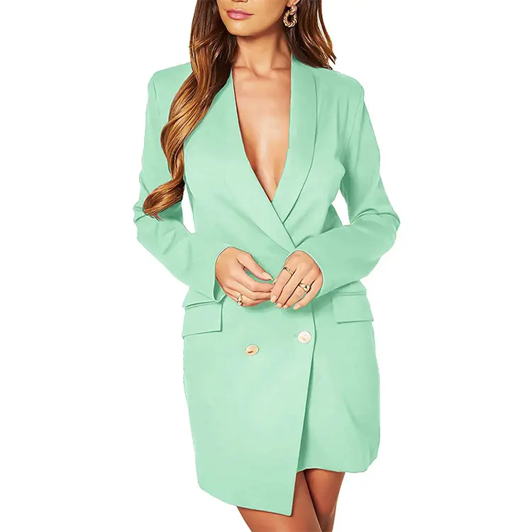 2021 Wholesale Ladies Buttons Blazers Dress Coat Deep V Double Breasted Women Classy Long Sleeve Slim Office Suit Blazer Dress