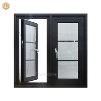 Ventana Abatible de Aluminio Negra Personalizada con Vidrio de Rejilla Simétrica y Mosquitera, Venta al Por Mayor de Fábrica