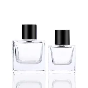 Factory Custom cube perfume bottles 50ml 100ml crimped crystal parfum glass jar with matte black cap