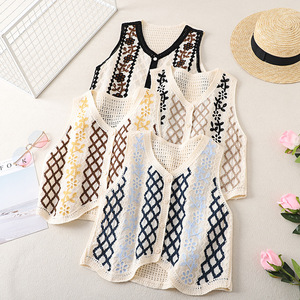 Women Floral Embroidered <strong>Black</strong> Trim <strong>Crochet</strong> Knit Button Down Sleeveless Vest Boho Vintage Openwork Casual Layering <strong>Cardigan</strong> - Product Image 2