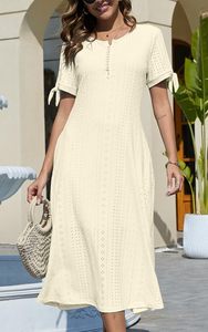 CheChury <span class=keywords><strong>A</strong></span>-ligne Vestido Midi Elegante Para Mujer Vestido Casual De Verano Con Bolsillos Manga Corta <span class=keywords><strong>Y</strong></span> Cuello En V Boho <span class=keywords><strong>Y</strong></span> Bohemio - Product Image 3
