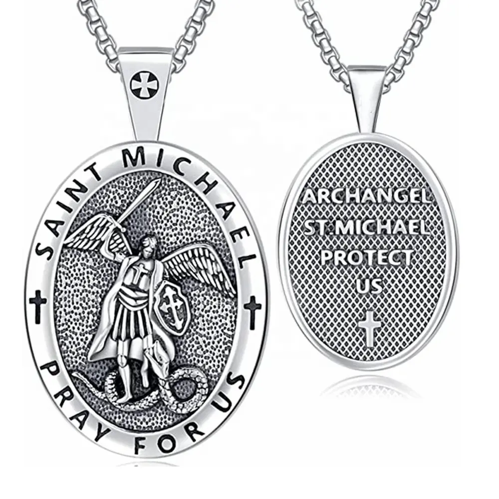 MECYLIFE St Michael collana con ciondolo per uomo Jesus Cross Shield Warrior gioielli religiosi in arcangelo in acciaio inossidabile