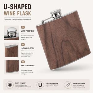 Custom Logo 6Oz Stainless Steel Hip Wood Grain <b>Wrap</b> Whiskey Bottle Portable Metal Pocket Liquor Flask for Business Gift - Product Image 5