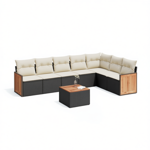 Ensemble de canapés de jardin en rotin noir et crème 6 places, mobilier d'extérieur, structure en teck, design contemporain - Product Image 1