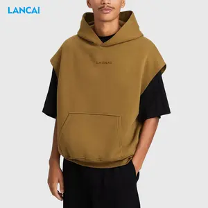 Heavy Weight Short Sleeve Custom Screen Printing Logo High Street Kangaroo Pocket Fitted Sweater Cotton Casual Hoodie Vest