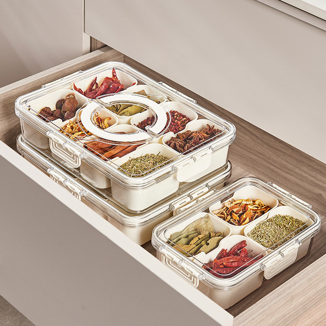 Seasoning Fresh-keeping Eco PP Plastic Kitchen Sealed Spice Storage Box Grade Divided Transparent 8 Compartments Portable Dry