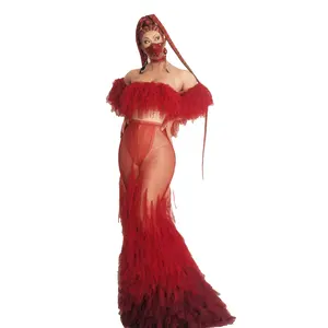 Sexy Red Mesh Strapless Birthday Prom Long Dress Female Show Performance Costumes Dinner Gown Women Mermaid Party Evening Dress