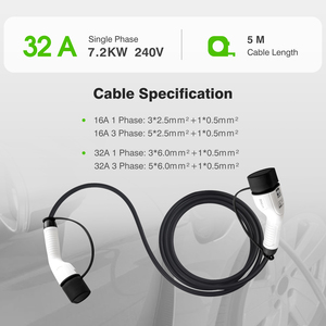 Cable de Carga para Vehículos Eléctricos Zencar 32A Tipo 2 a Tipo 2, 7kW, 5m, IP65, TPU, para Estaciones de Carga Públicas - Product Image 2