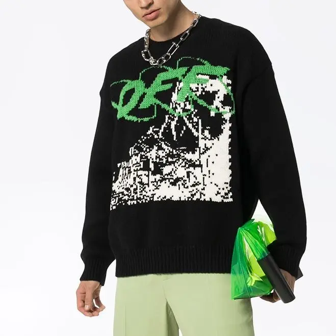 Kingsun custom logo OEM&ODM long sleeve crewneck letter full pattern graphic jacquard style 100% cotton sweater for men