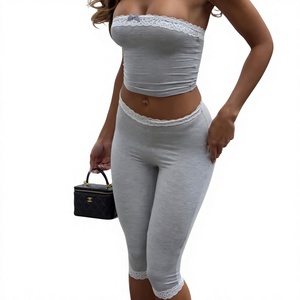 STITCHMODE Custom logo OEM Women <b>Sexy</b> 2 Piece <b>Set</b> Lace Trim Bow Tube Top and Capri Leggings Balletcore Lounge Wear Pajamas <b>Set</b> - Product Image 1