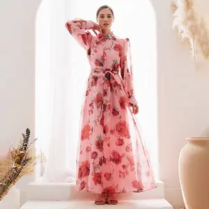 Mesh Cover Long Sleeves Floral Printed Dresses Modest Maxi Women Lady Elegant Floor-length
