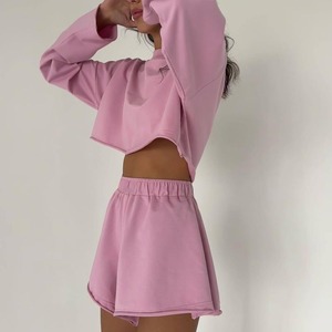 Ensemble de pyjama court en polyester tricoté anti-rides pour femme, manches longues, col rond, coupe ample, toutes saisons, logo brodé - Product Image 6