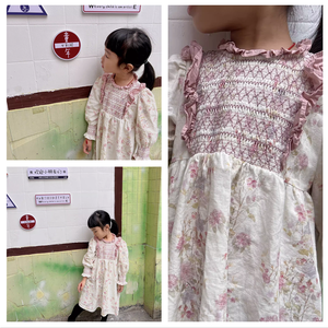 Özel Logo Toptan Kız Çocukları Sonbahar Pamuklu Çiçekli Fırfırlı Uzun Kollu Smocked Elbise - Product Image 2