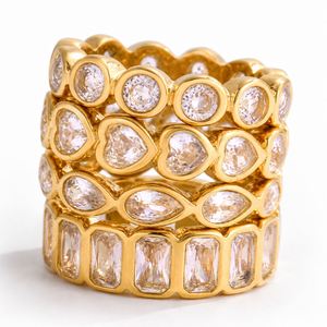 Vintage Minimalist 18K Gold Plated Stainless Steel Round Rectangle Heart TearDrop Zircon <b>Stack</b> <b>Rings</b> for Wedding Engagement - Product Image 3