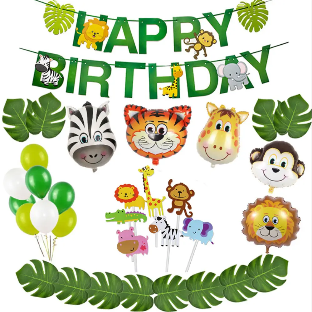 Hayvan doğum günü partisi dekorasyon çocuklar, Jungle Safari mutlu doğum günü dekorasyon afiş <span class=keywords><strong>palmiye</strong></span> yaprakları ile lateks balonlar orman Ani