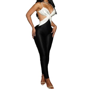 Combinaison legging sexy sans manches pour femme, à blocs de couleur, dos croisé, taille haute, tendance, best-seller - Product Image 1
