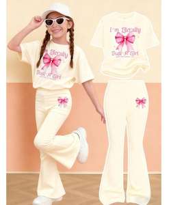 Completo Elegante Personalizzato <span class=keywords><strong>per</strong></span> <span class=keywords><strong>Bambina</strong></span>: T-Shirt Casual con Fiocco e <span class=keywords><strong>Pantaloni</strong></span> a Zampa, Abbigliamento Scolastico Estivo 4-7 Anni - Product Image 4