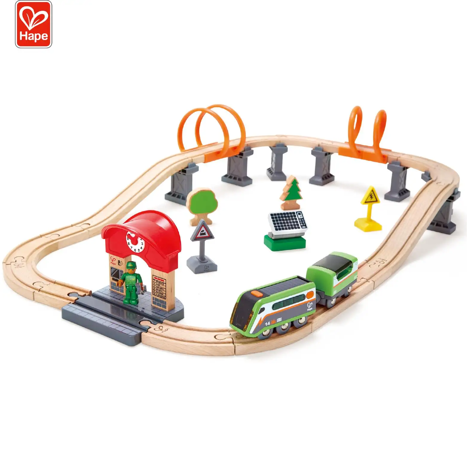 Circuito de energía Solar Hape para niños, tren educativo de madera, juego de vías de juguete, Ferrocarril Eléctrico