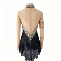 Robe de patinage artistique noire et or à manches longues en Spandex/Nylon, ornée de strass faits à la main, dos profond en V, dos ouvert, en maille, pour enfants